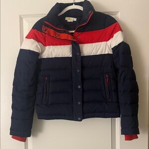 Boden women’s Red, White, and navy Blue Puffer Jacket size US 4. Small. Like new